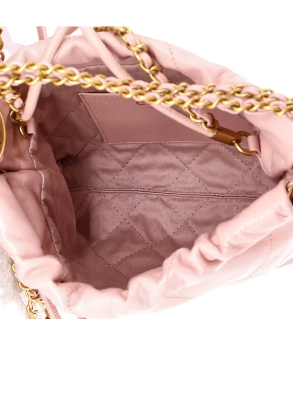 CHANEL Light Pink Quilted Drawstring Shoulder Bag with Gold Chain